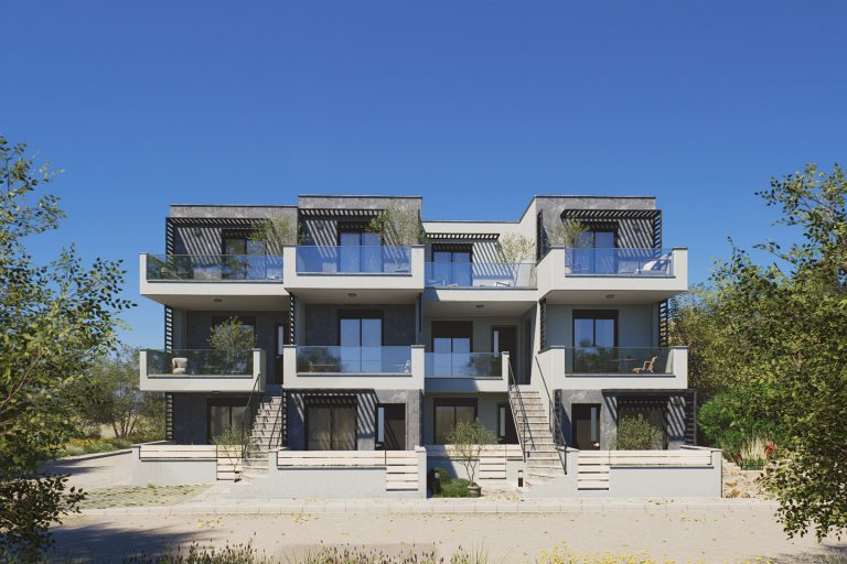 Nika 2 Residence: frontal elevation in midday sun with glass-railed balconies, twin stairs and olive trees