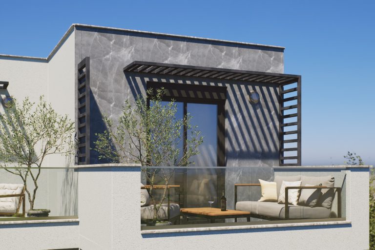 Nika 2 Residence: rooftop terrace close-up in daylight with marble-look wall, slatted pergola and lounge sofa