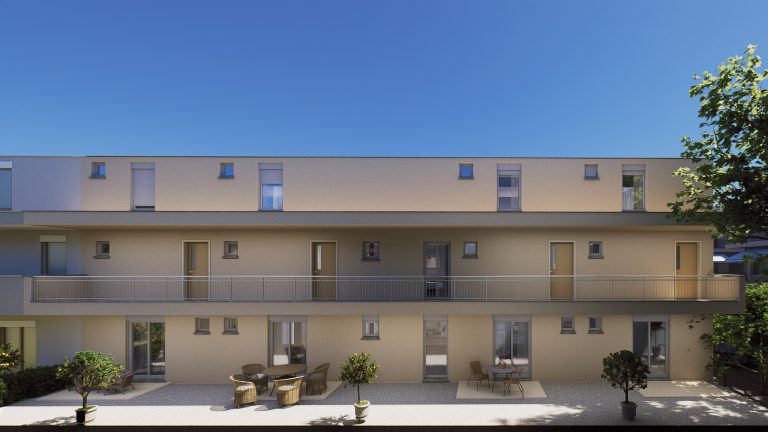 Catherina Residence rear courtyard elevation in daylight with access gallery, potted citrus trees and patio seating