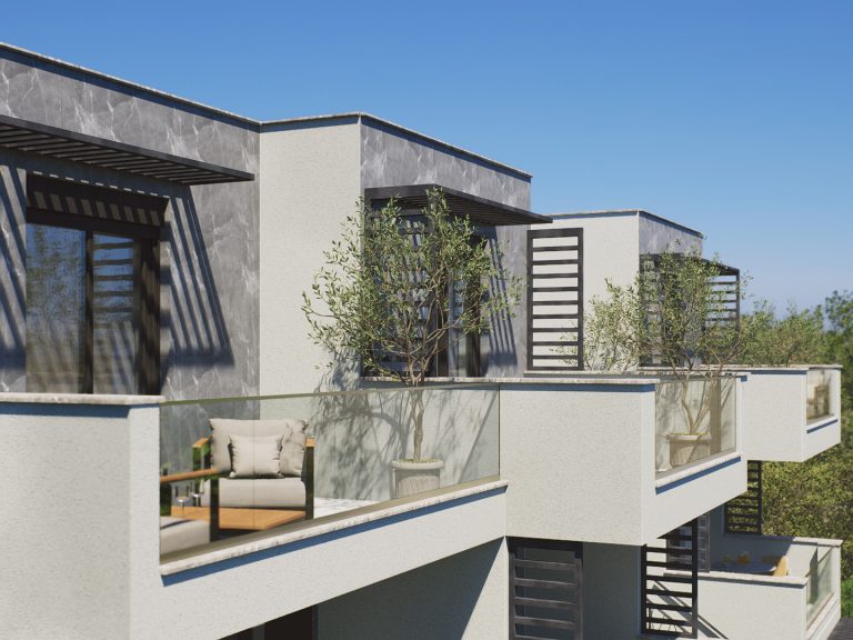 Nika 2 Residence: side view of upper terraces in daylight with potted olive trees, glass railings and louvers