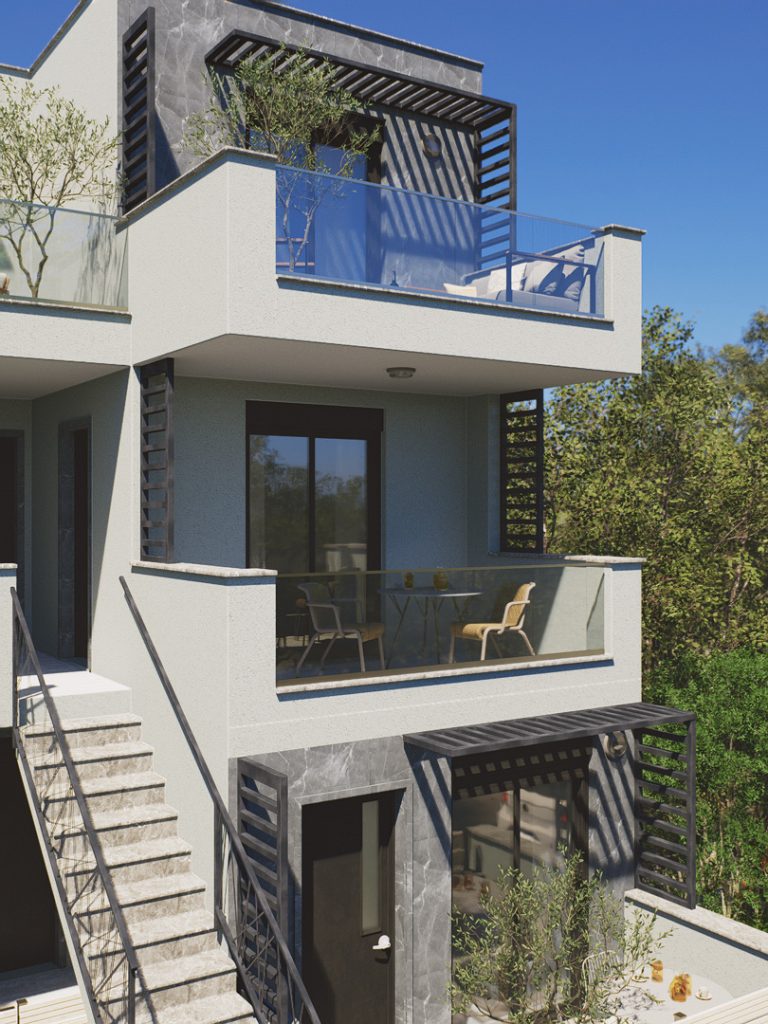 Nika 2 Residence: vertical detail of stacked balconies and exterior stair in daylight with bistro set and pergola