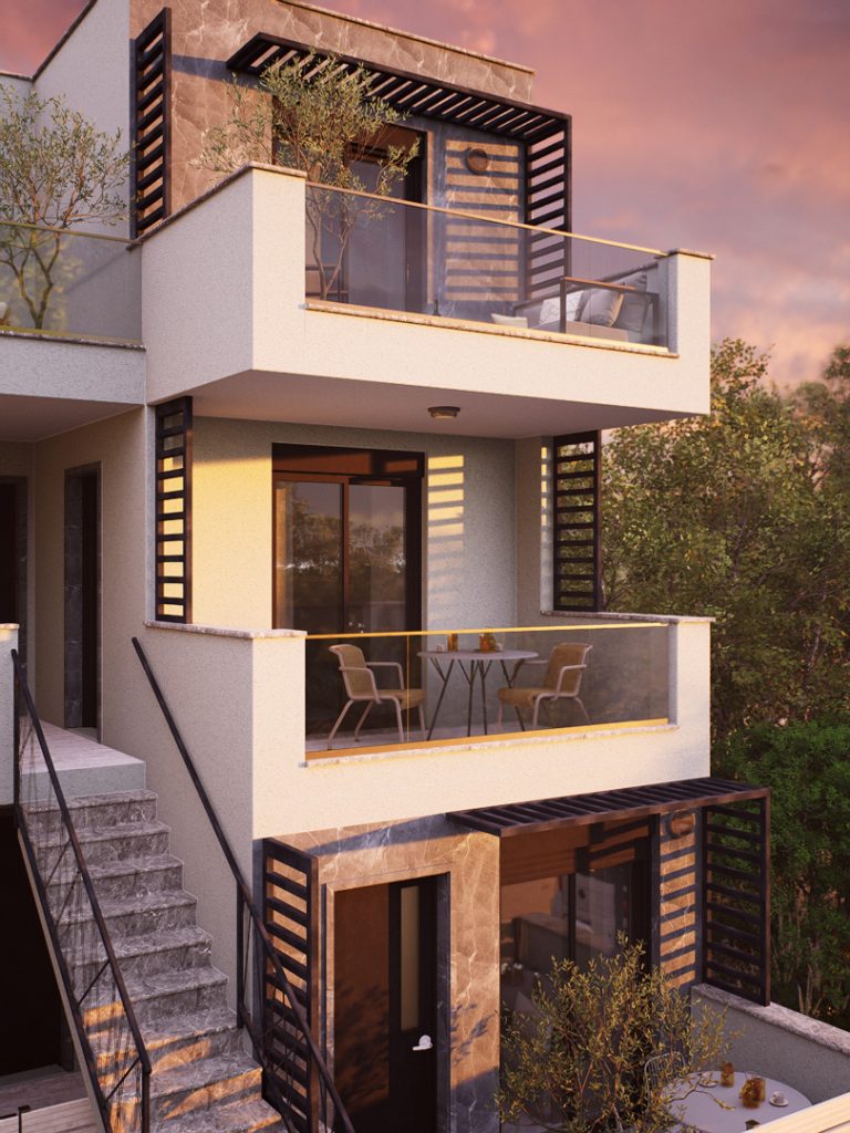 Nika 2 Residence: vertical balcony stack at sunset with warm light on the stairs, bistro set and pergola