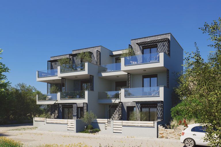 Nika 2 Residence: three-quarter street view in midday sun showing stepped balconies and a white car in front