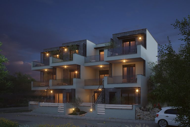 Nika 2 Residence: three-quarter street view at night with wall lights, balcony downlights and lit windows