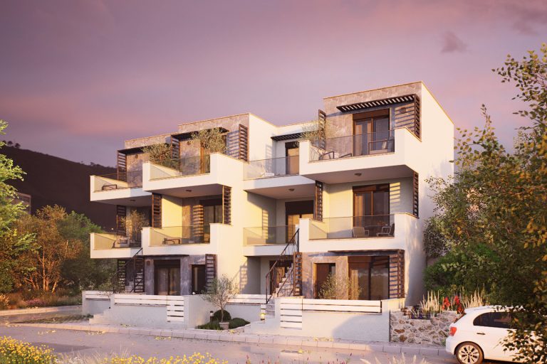 Nika 2 Residence: three-quarter street view at sunset under a pink sky, warm light across the balconies