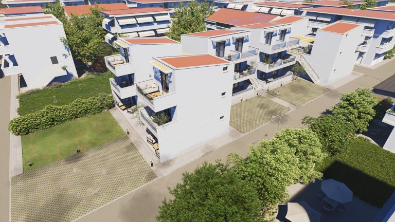 Aerial view of Victoria Residence by day, white blocks with terracotta roofs, courtyards and lawns