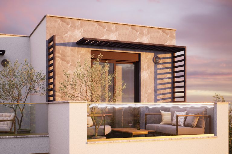 Nika 2 Residence: rooftop terrace at sunset with marble-look wall, slatted pergola, sofa and olive tree