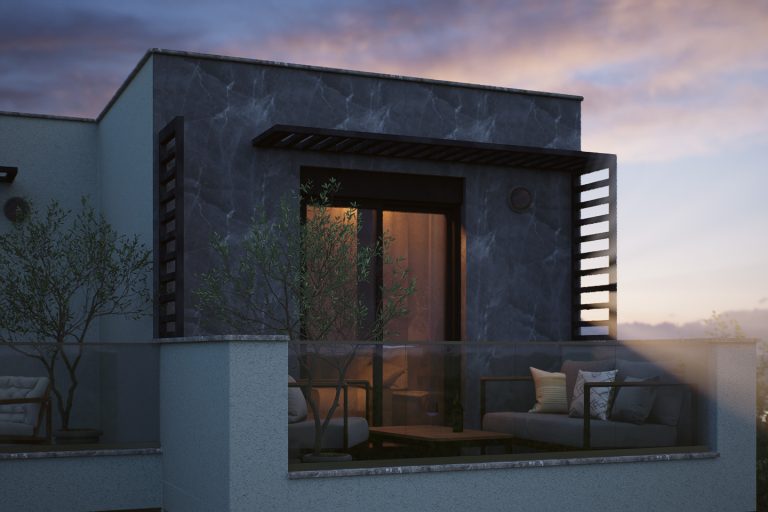 Nika 2 Residence: rooftop terrace at blue hour with marble-look wall, pergola, lounge sofa and lit doorway