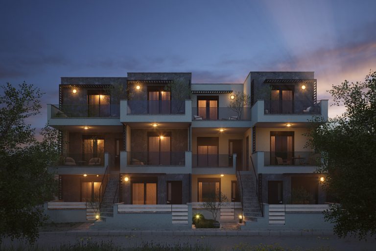 Nika 2 Residence: frontal elevation at blue hour with wall lights, soffit downlights and lit interiors