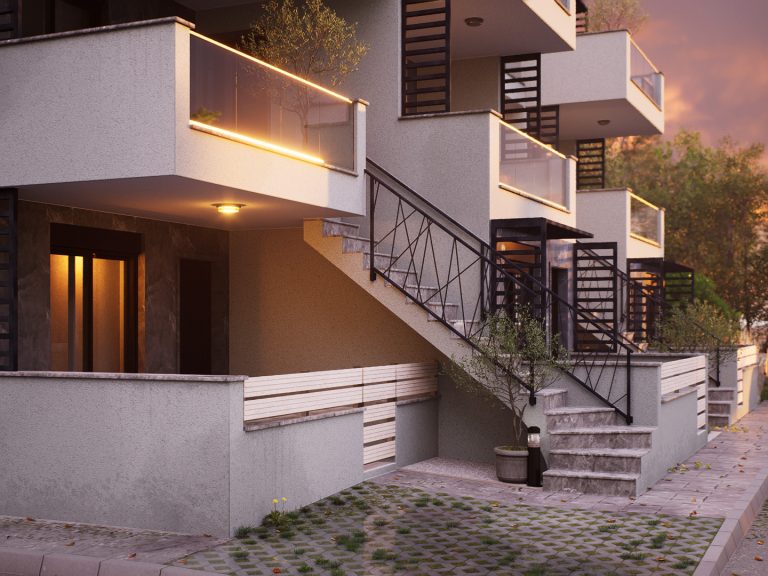 Nika 2 Residence: ground-floor entrances and exterior stair at dusk with lit railings and paved forecourt