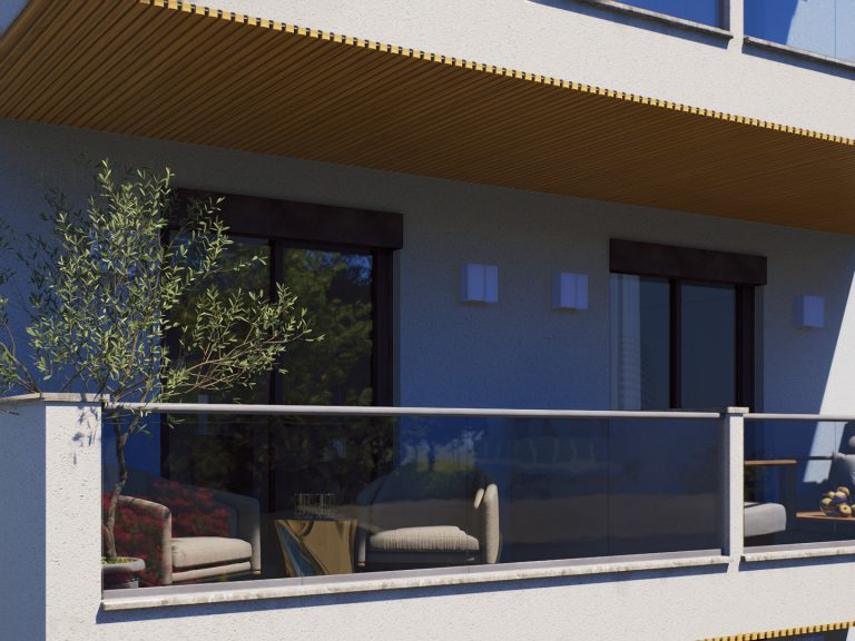 Victoria Residence balcony close-up in daylight with glass railing, wood-slat soffit and lounge chairs