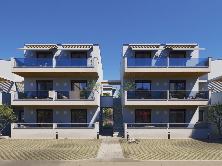 Victoria Residence street front in daylight, symmetrical blocks with glass balconies and a central stair
