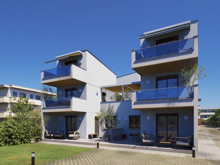 Victoria Residence courtyard facade in midday sun with glass balconies, retractable awnings and garden lounge