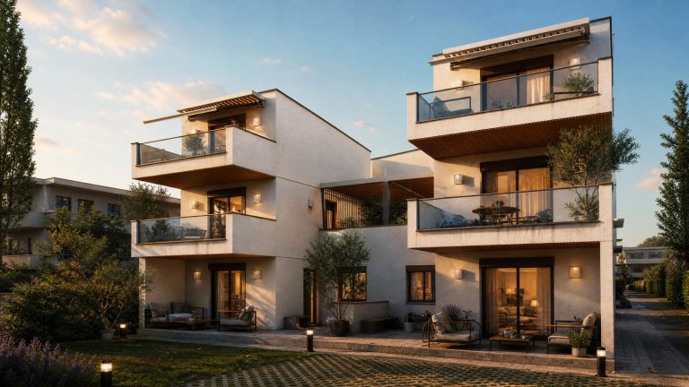 Victoria Residence courtyard facade at golden hour with warm wall lights, terraces and potted olive trees