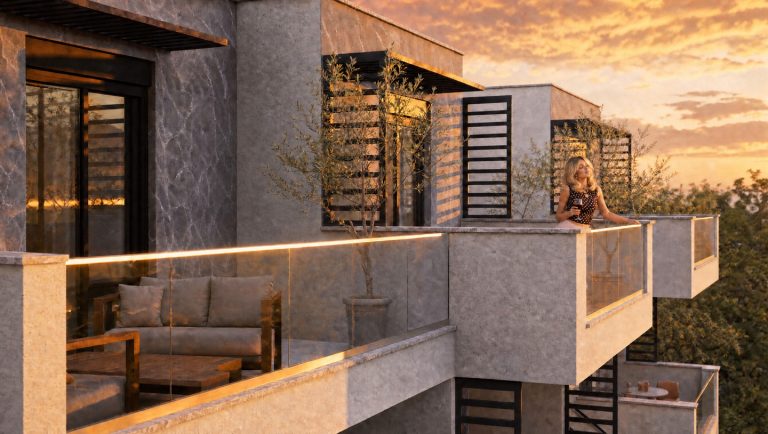 Nika 2 Residence: woman with a wine glass on an upper terrace at golden hour, glowing railing and lounge set