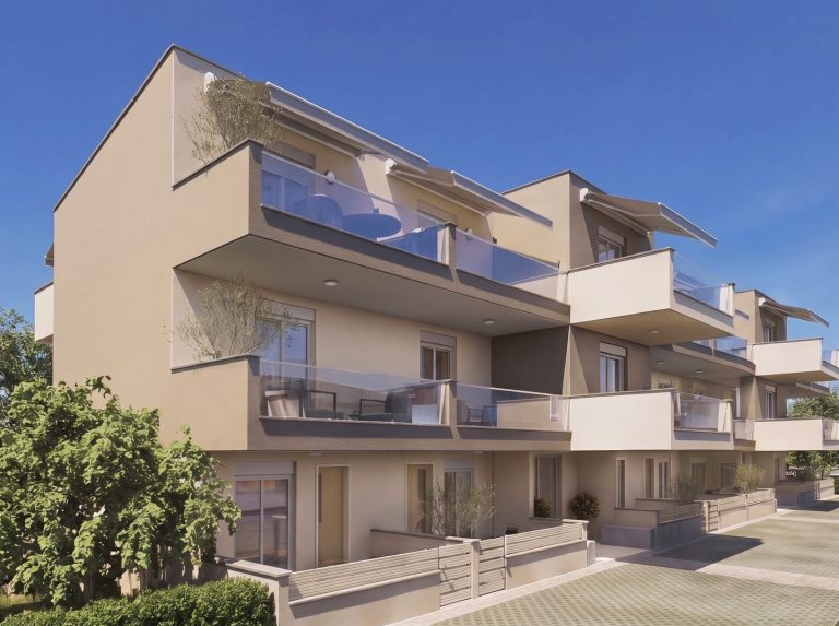 Catherina Residence corner three-quarter view in daylight, olive trees on terraces and gated ground-floor patios