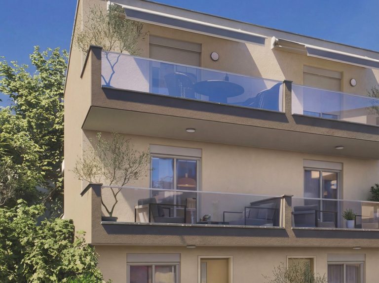 Catherina Residence closeup of upper balconies with glass railings, olive trees and furniture on a sunny day