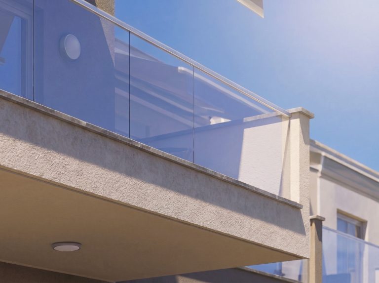 Catherina Residence detail of a glass balcony railing, textured render and soffit downlight in bright sunlight