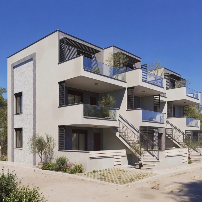 Nika 2 Residence: corner three-quarter view in clear daylight with stone-clad side, balconies and planted stairs