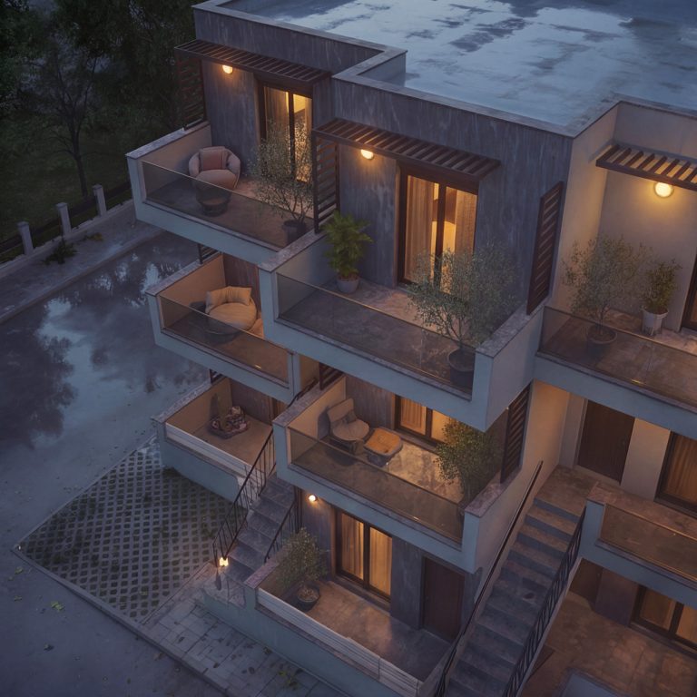 Nika 2 Residence: aerial view of stepped balconies and stairs at dusk with wall lights and warm interiors
