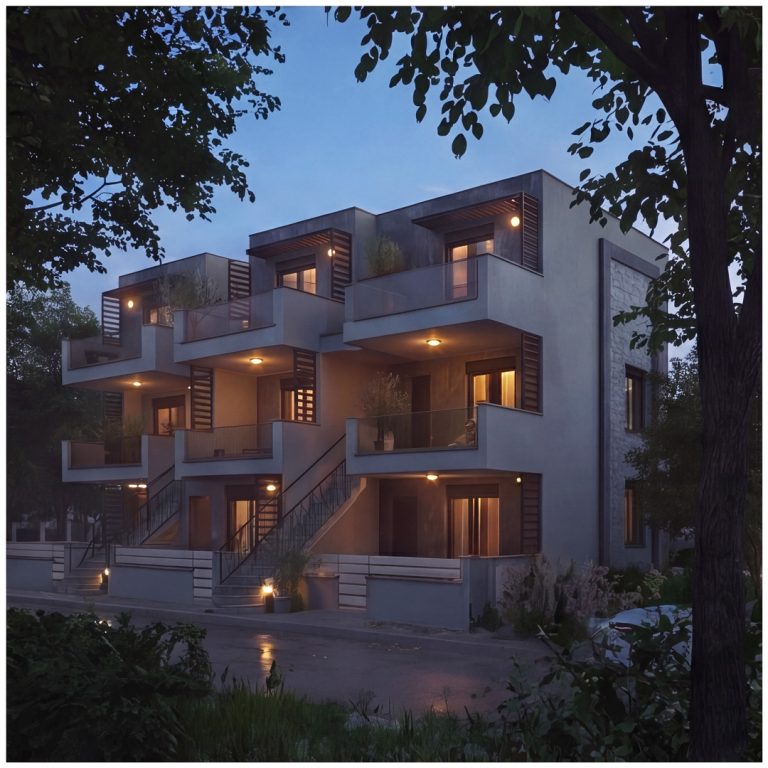 Nika 2 Residence: three-quarter street view at blue hour framed by trees, balcony downlights and lit windows