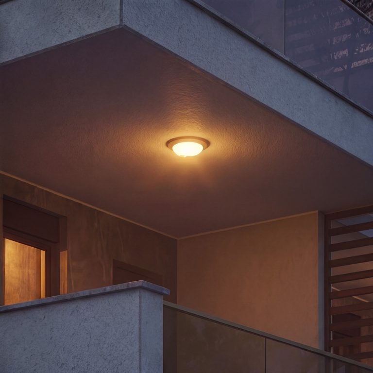 Nika 2 Residence: close-up of a balcony soffit with a glowing ceiling light at dusk, glass railing and louvers