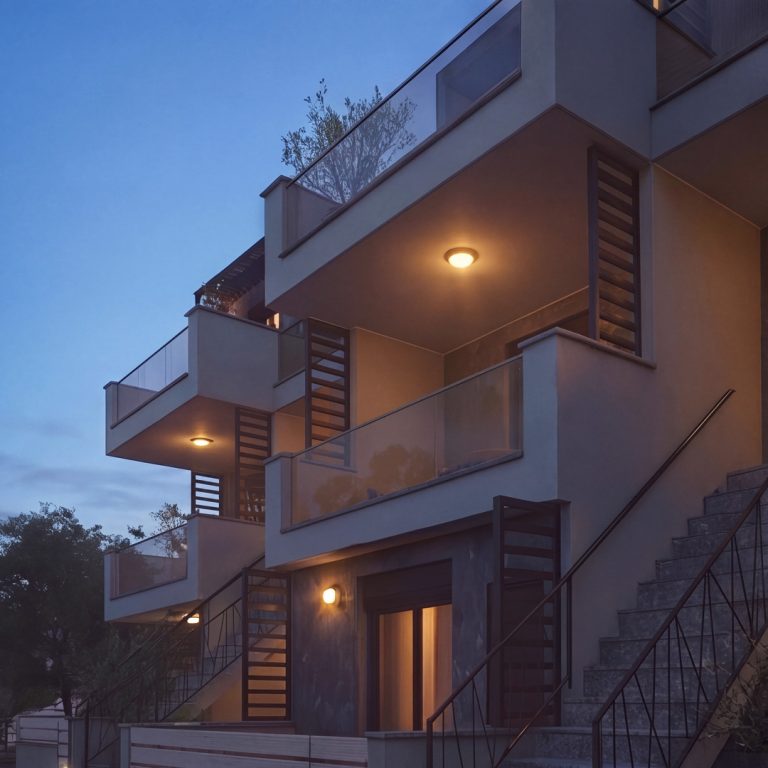 Nika 2 Residence: low-angle view of cantilevered balconies and exterior stairs at blue hour with soffit lights