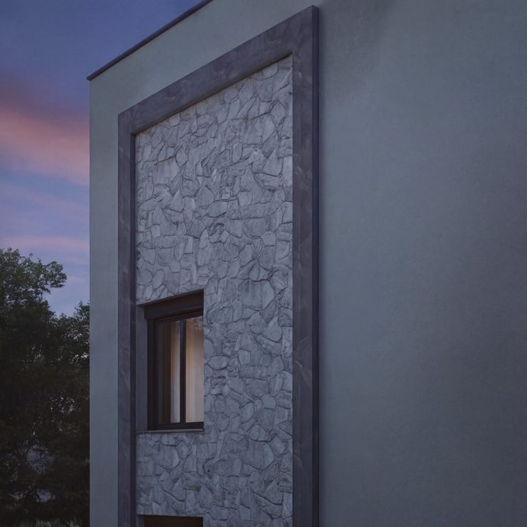 Nika 2 Residence: detail of the framed stone-clad side wall and window at dusk against a pink-blue sky