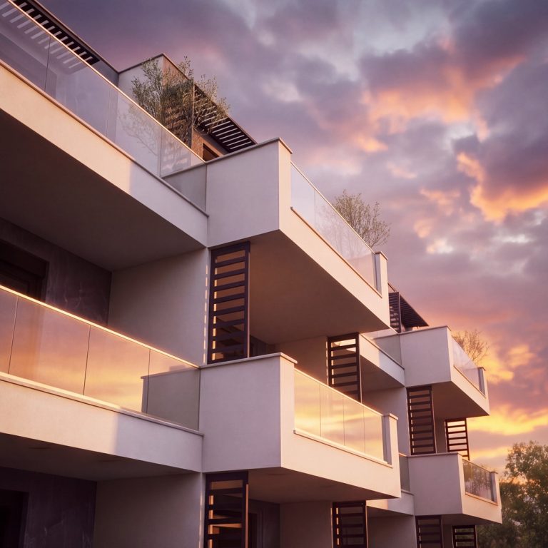 Nika 2 Residence: low-angle view of cantilevered balconies and louvers against a dramatic sunset sky