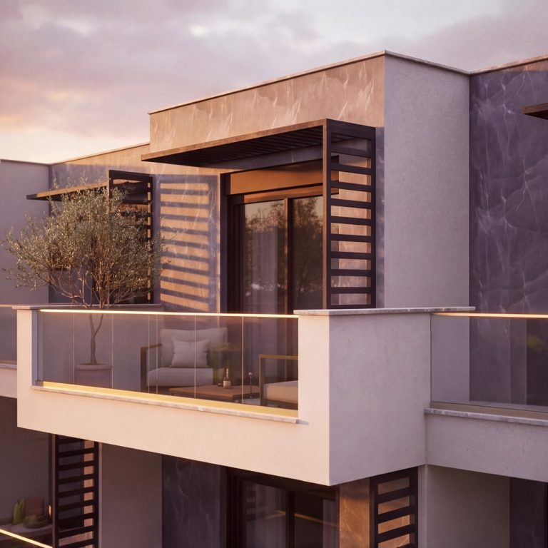 Nika 2 Residence: upper balcony at dusk with glowing railing light, slatted pergola, lounge set and olive tree