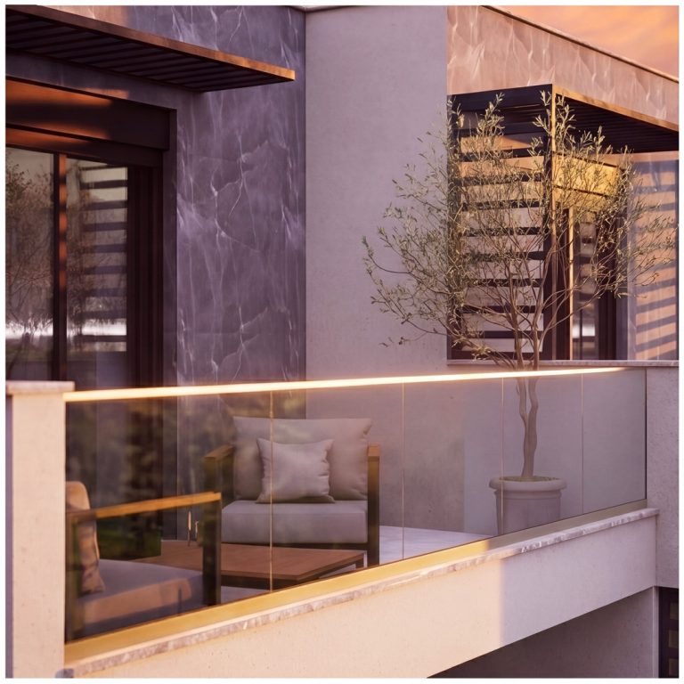 Nika 2 Residence: terrace close-up at sunset with LED-lit glass railing, armchair, olive tree and marble cladding