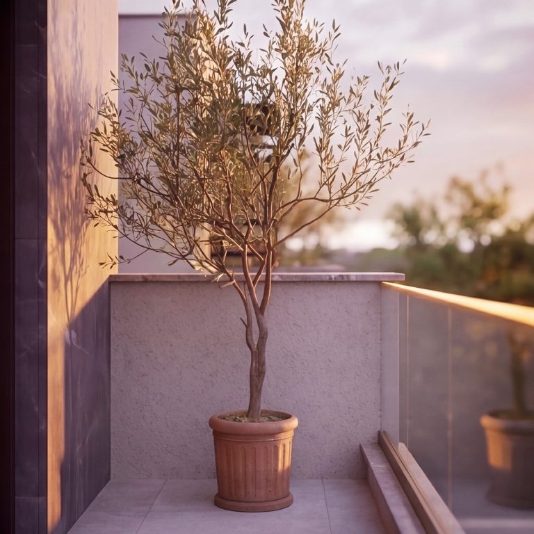 Nika 2 Residence: potted olive tree on a balcony corner at sunset with soft warm light on the glass railing