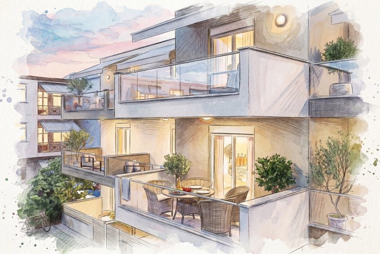Catherina Residence corner balcony at dusk as a watercolor sketch, wicker dining set and lit rooms