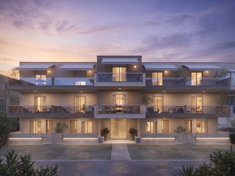 Catherina Residence frontal elevation at dusk, glowing rooms, wall lights and lit garden walls under a violet sky
