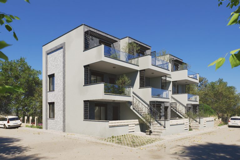 Nika 2 Residence: corner three-quarter view in midday sun with stone-clad side wall, stairs and parked cars