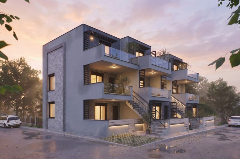 Nika 2 Residence: corner view at dusk under a pink sky with lit windows, glowing fence base and wet pavement