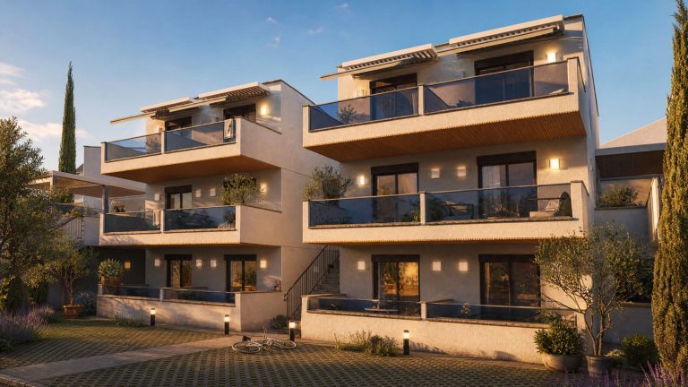 Victoria Residence block at golden hour, stacked glass balconies, outdoor stair and paved yard with bicycle