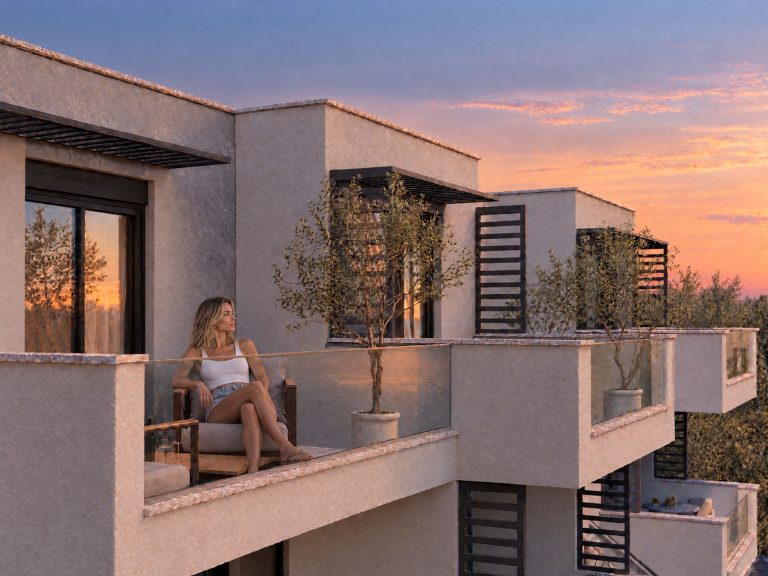 Nika 2 Residence: woman relaxing in an armchair on an upper terrace at sunset, olive trees and pink sky beyond