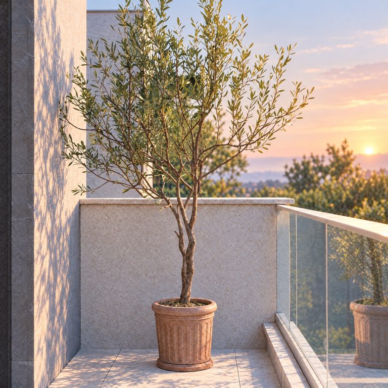 Balcony olive tree detail at sunrise