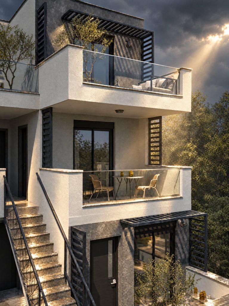 Building exterior as storm clouds break
