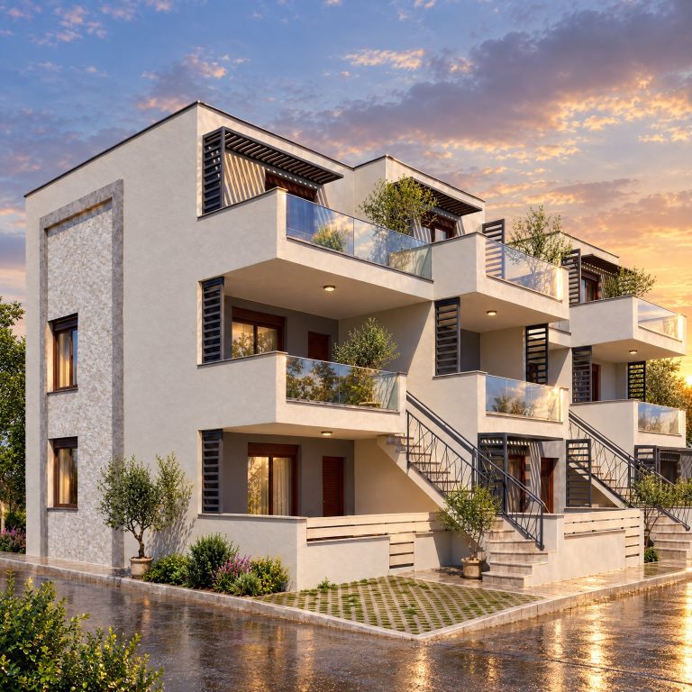 Building exterior with wet pavement after rain