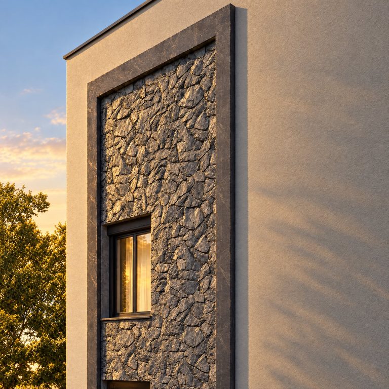 Stone facade material detail at golden hour