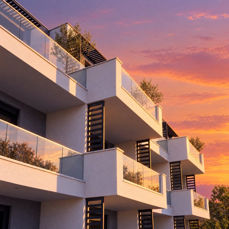 Building exterior under a dramatic sunset sky