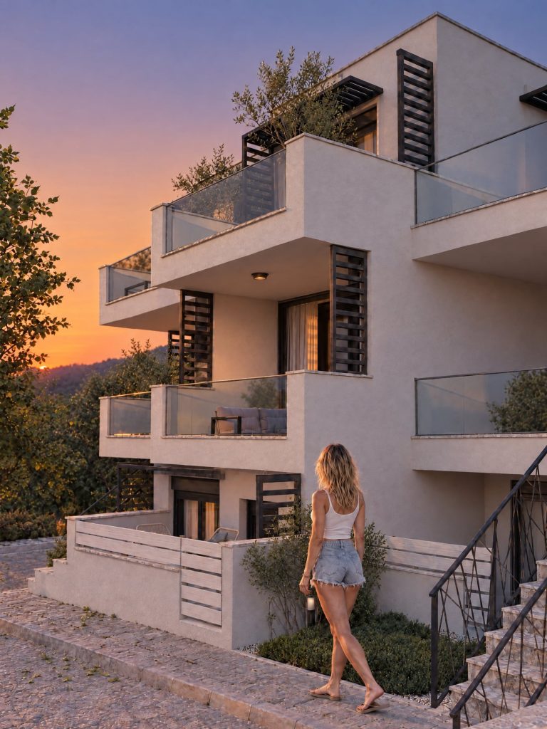 Woman walking on the stairway at sunset