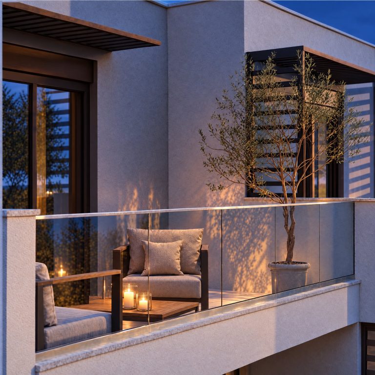 Balcony lounge lit by candlelight at blue hour