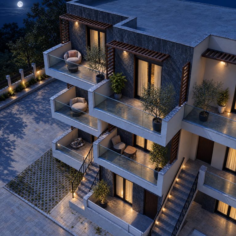 Building exterior at night under moonlight