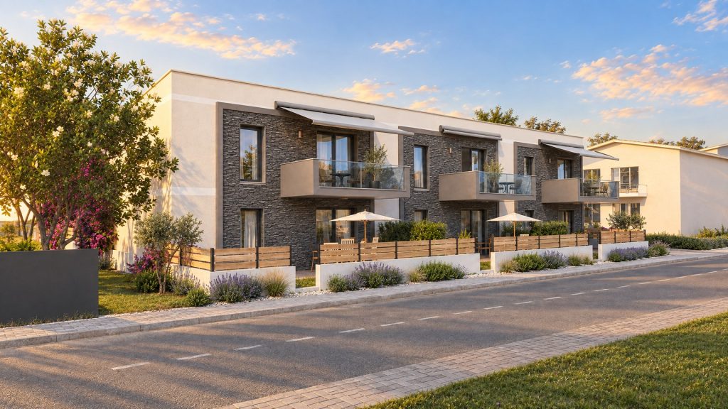Long street facade of Anastasia 2 Residence at golden hour