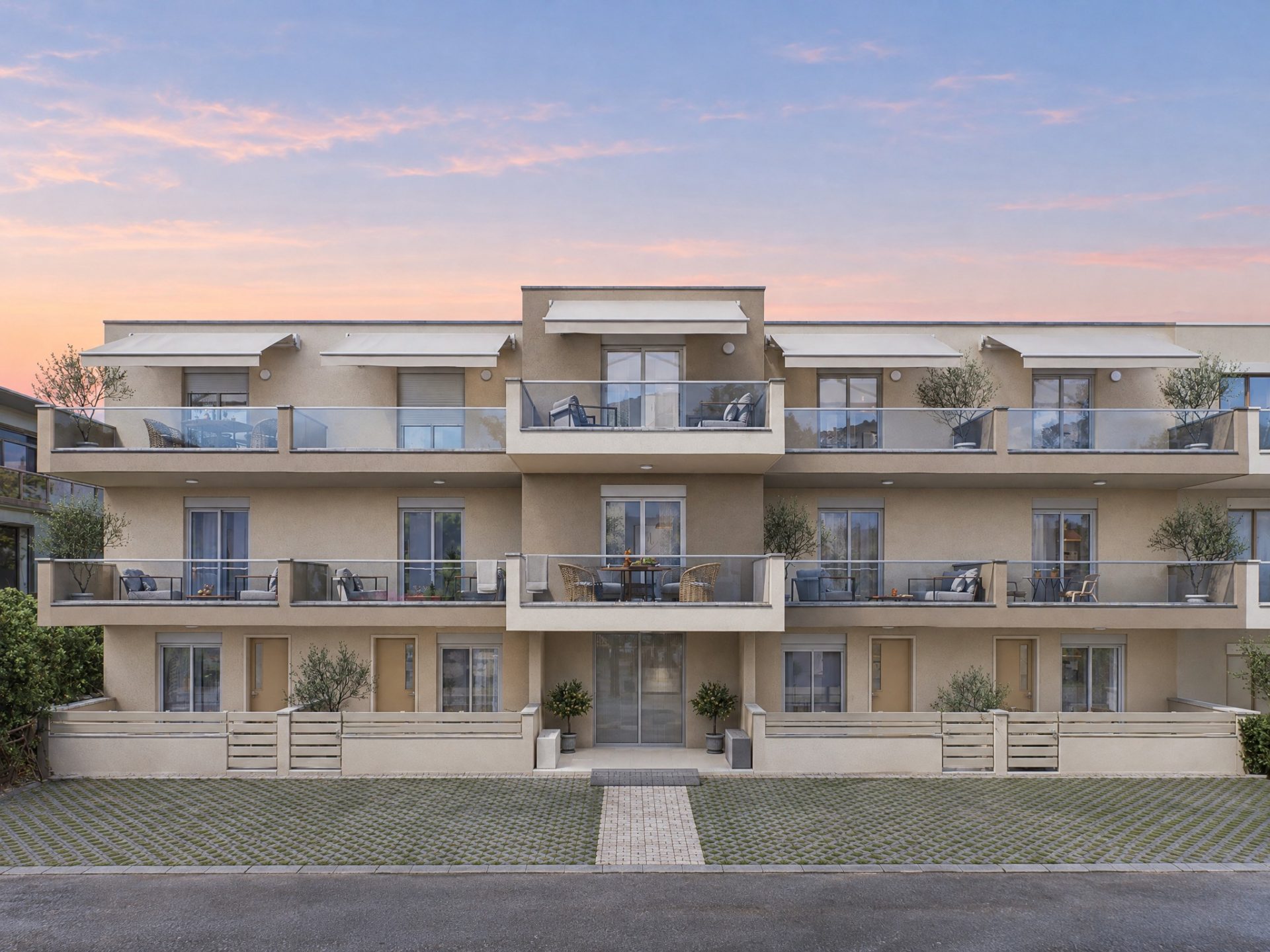 Catherina Residence front elevation at dawn, peach sky, lamps off