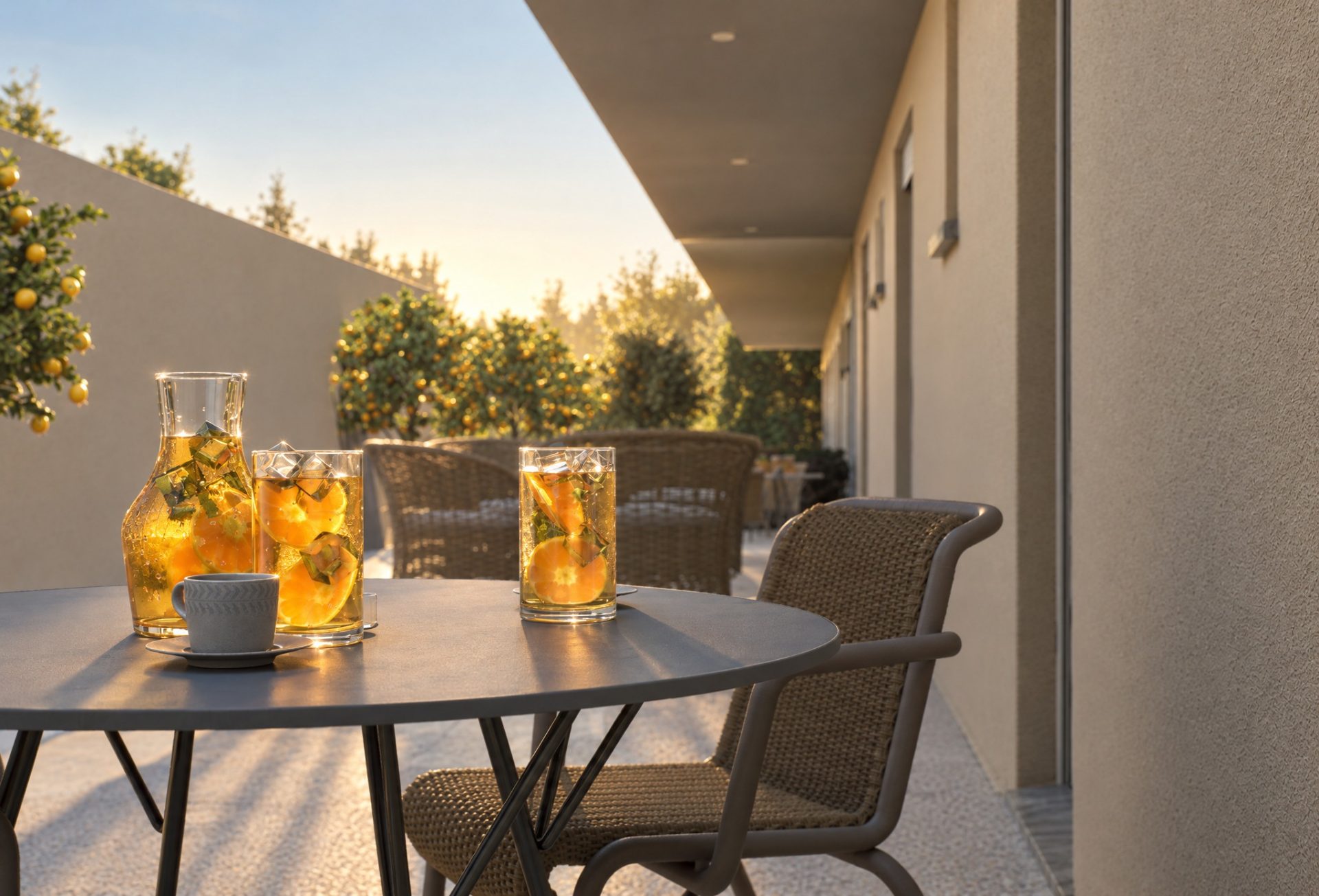 Iced tea backlit on the Catherina Residence garden terrace, citrus trees behind