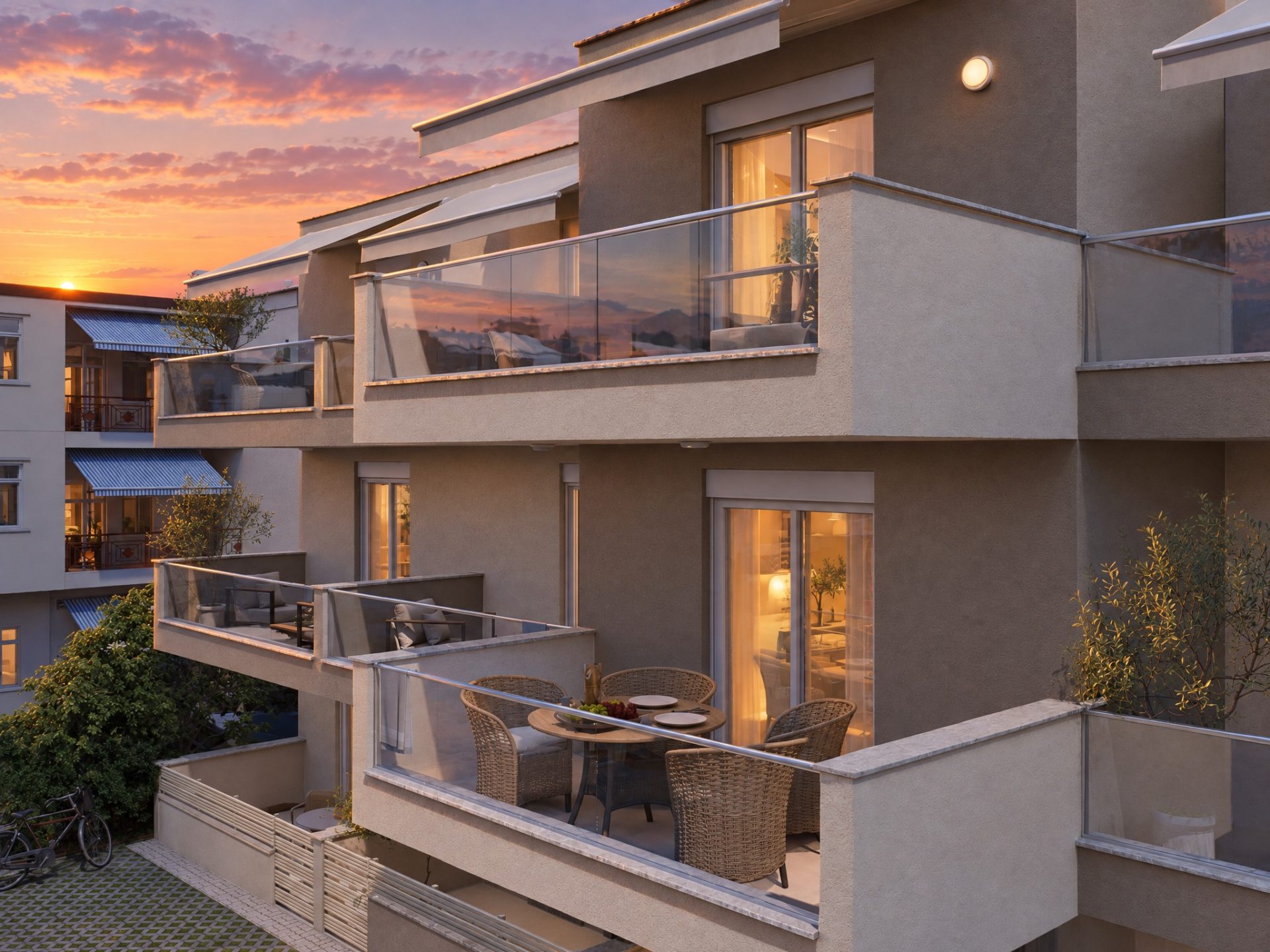 Corner balcony set for dinner at sunset, Catherina Residence